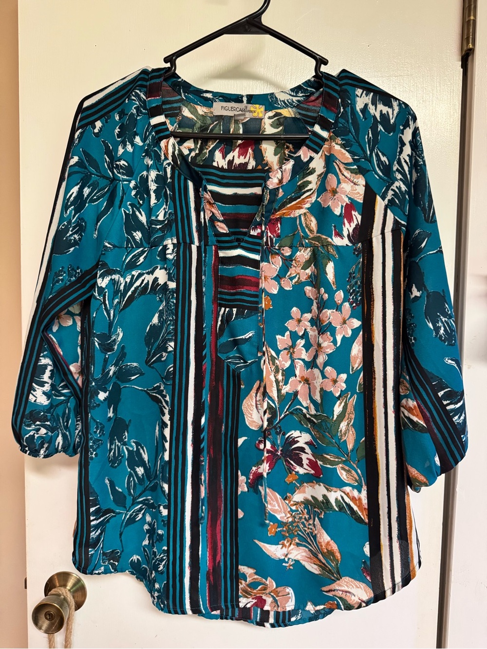 Figueroa and Flower Teal Floral-Stripe Women's Blouse